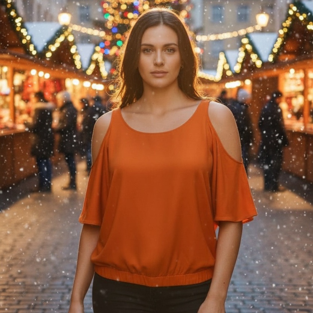 Orange shoulderless short sleeve shirt with oval opening in the back